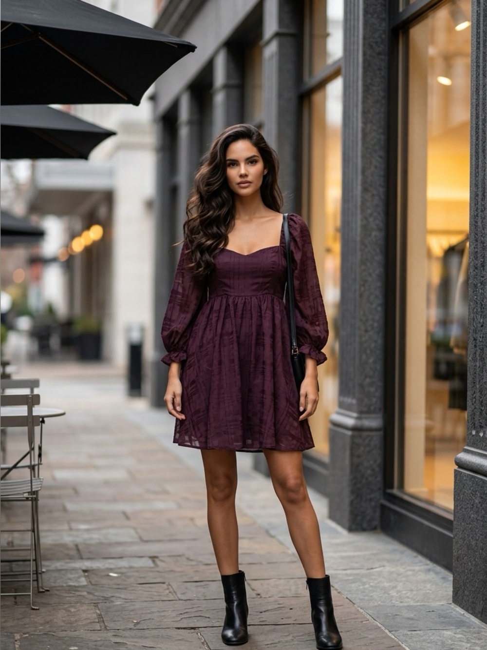 Storia Womens Small Plum Purple Monochromatic Plaid Square Neck Puff Sleeve Mini